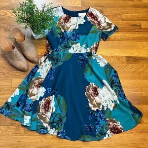 Corey Lynn Calter Womens 6 Blue Floral Fit and Flare Short Sleeve Colorful Dress